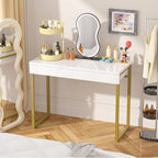 GreenForest Vanity Desk with 2 Drawers,39 inch White Desk with Glossy Desktop Easy Clean,Makeup Dressing Table with Metal Gold Legs for Home Office Small Spaces,Bedroom