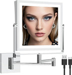 Ruacq Rechargeable Wall Mounted Makeup Mirror with Lights, Double Sided 1X/10X Magnifying Vanity Mirror with 3 Color Lighting, Touch Screen Dimmable, 360° Rotation Extension Foldable Arm(Chrome)