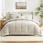 CozyLux Oversized King Comforter Sets Beige, 7 Pieces Bed in a Bag, Ultra-Soft All Season Bedding Sets with Stitch Quilted Comforter, Flat Sheet, Fitted Sheet, Pillowcases, Beige