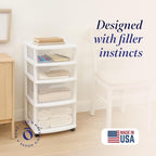 HOMZ Drawer Tower, 4-Tier Clear Plastic Storage Organizer Cart, White Frame – Rolling Containers with Wheels for Bathroom, Bedroom, Office, and Classroom Organization