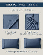 LANE LINEN Eco Friendly 100% Organic Cotton Fully Elasticized Full Sheet Set, Low Pilling Fade Resistant Machine Washable Naturally Cooling Full Bed Sheets, Soft & Comfy Cotton Bedding - Estate Blue