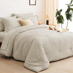 CozyLux Queen Comforter Set Oatmeal Seersucker 7 Pieces Bed in a Bag Queen Comforter Set with Sheets Luxury Soft Bedding Set with Down Alternative Comforter, Sheets, Pillowcases & Shams for All Season