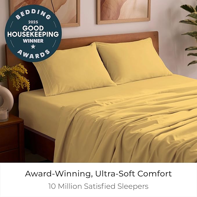 Mellanni Full Sheets Set - 4 PC Iconic Collection Bedding - Hotel Luxury, Extra Soft, Cooling Bed Sheets - Wrinkle, Fade, Stain Resistant (Full, Yellow)