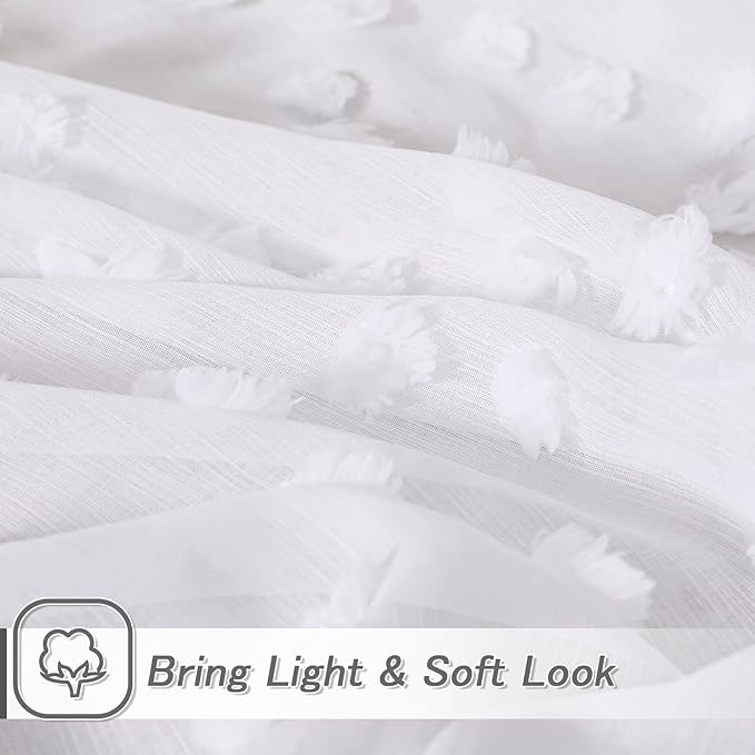 MYSKY HOME Pom Pom White Sheer Curtains for Bedroom Girls Room Curtains 63 inch Length for Nursery Kids Light Filtering Boho Window Drapes, Rod Pocket, 52" Wide, 2 Panels
