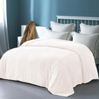 Exclusivo Mezcla Fleece Queen Size Blanket for Bed, 90x90 Inches Soft Cozy Jacquard Flannel Blankets, Lightweight Fuzzy Plush Warm for Winter, Off White