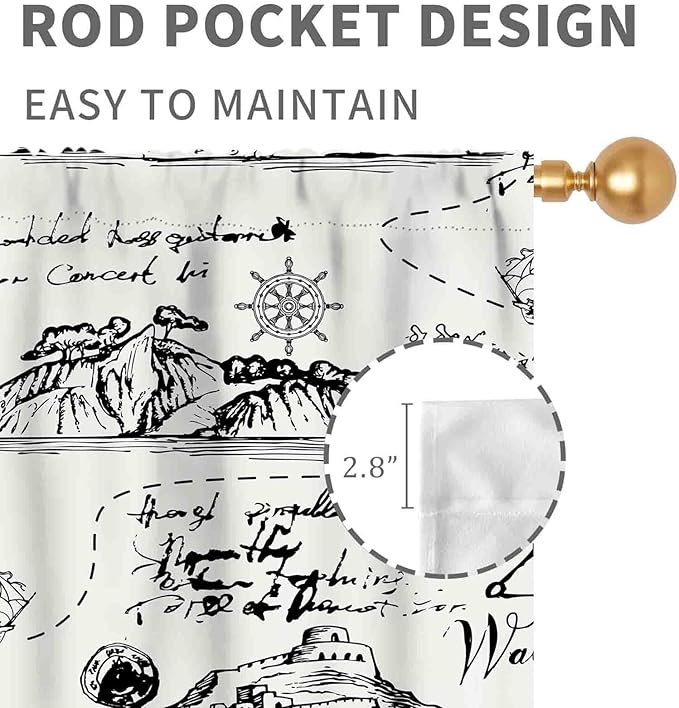 Vintage Nautical Curtains, Marine Coastal Sailboat Compass Anchor Ocean Beach Old Pirate Map Retro Window Drapery Treatments for Bedroom Living Room Kitchen Bathroom 2 Panels, 42"x45" Inch