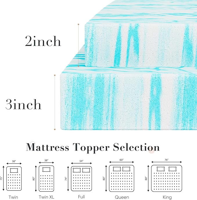 DUMOS Memory Foam Mattress Topper Twin, 3 Inch Thick Gel Infused Bed Toppers for Twin Size Bed, Soft Cooling Mattress Pads for Sleeper Sofa, RV, Camper, CertiPUR-US Certified, Blue