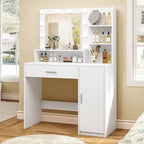Quimoo Makeup Vanity Desk with Mirror & Lights, Vanity Desk with 5 Drawers & Storage Shelves, Vanity Table, 3 Color Modes & Adjustable Brightness Dressing Table, Bedroom, White