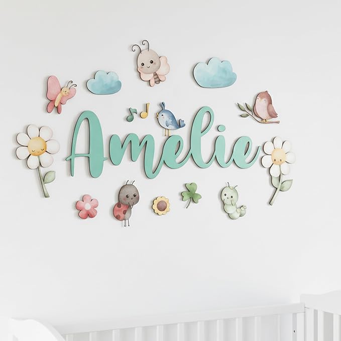 Custom Nursery Name Sign with Themed Decor Kit | Personalized Wooden Wall Art for Baby, Kids Room | Space, Jungle, Circus, Under the Sea, Woodland, Rainbow (20", Fairy Garden)