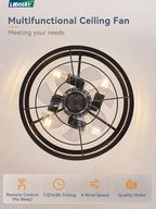 LEDIARY 16.5 inch Black Caged Ceiling Fan with Light, Fandelier Industrial Ceiling Fan with Remote, Farmhouse Fan Lights Ceiling Fixtures for Kitchen, Bedroom, Outdoor（6 Speed, Timing）-Black