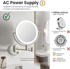 KIBI Circular Wall Mount Makeup Mirror with LED Lights, Dual-Sided 1x/5x Magnifying Mirror with Adjustable Arm, 360° Swivel, Solid Brass Construction for Durability and Style (Brushed Nickel, KMM101)
