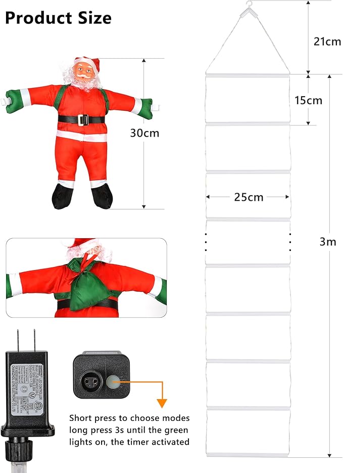 Toodour LED Christmas Lights - 10ft Christmas Decorative Ladder Lights with Santa Claus, Xmas Decorations Light for Indoor Outdoor, Window, Garden, Home, Wall, Xmas Tree Decor - Red & Green