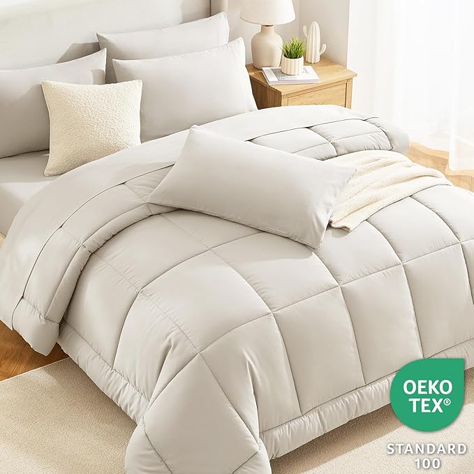 CozyLux California King Comforter Sets Beige, 7 Pieces Cal King Bed in a Bag, All Season Bedding Sets with Stitch Quilted Comforter, Flat Sheet, Fitted Sheet, Pillowcases