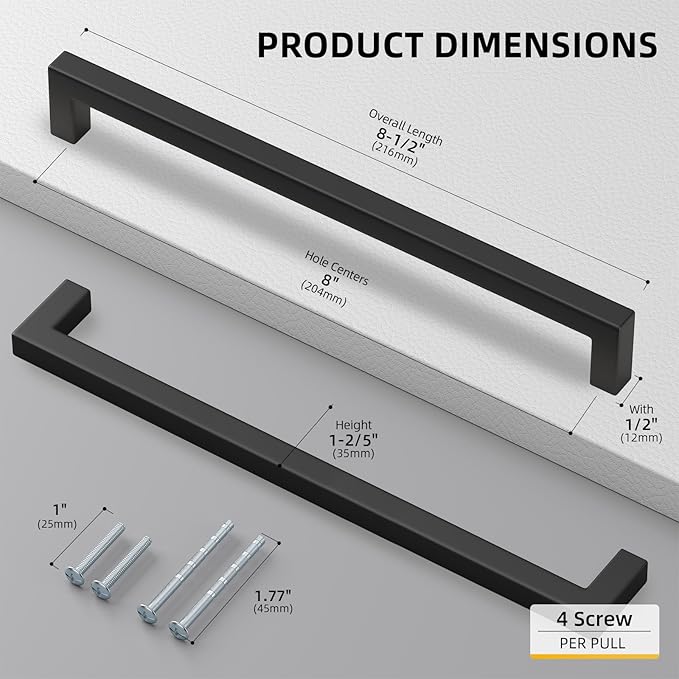 goldenwarm 200 Pack 8 Inch Black Cabinet Handles Matte Black Drawer Pulls Stainless Steel Cabinets Hardware Square Bar Modern for Kitchen Bathroom Cupboard