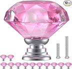 POZEAN Crystal Cabinet Knobs 12Pack, 1.18inch Dresser Knobs for Cabinet, Drawer with Two Different Sizes Screws, Diamond Glass Pulls Handles (30mm, 12Pack, Pink-Silver)