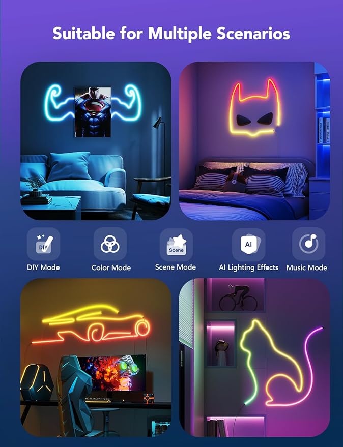 Govee RGBIC Neon Lights, LED Smart Neon Rope Light 2 Works with Matter, Alexa, Google Assistant, Custom DIY Neon Strip Lights for Bedroom and Wall Decor, Softer Material, 16.4ft, White