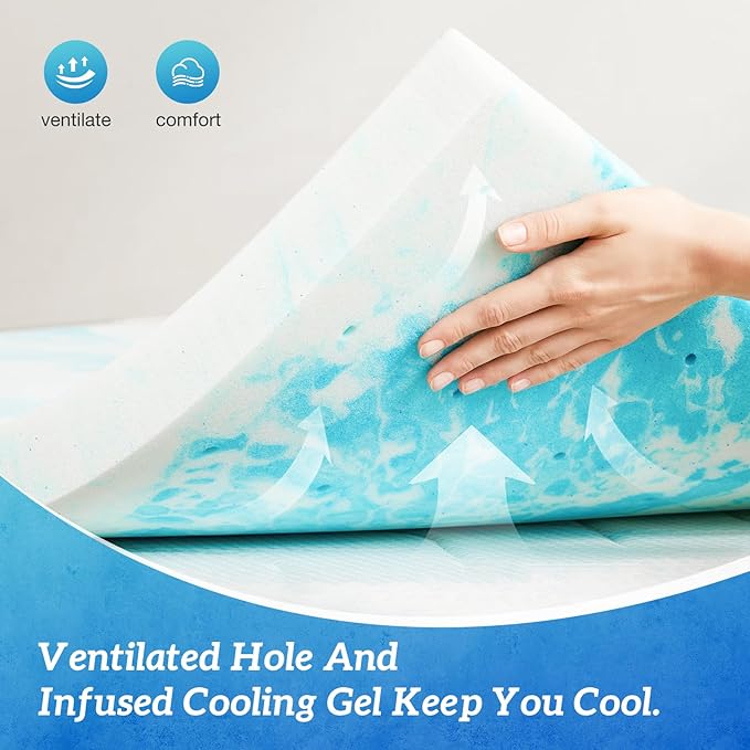 Sweetcrispy Mattress Topper Queen, 3 Inch Thick Memory Foam Gel Infused Cooling Toppers Pad for Queen Size Bed, Sleeper Sofa, RV, Camper, CertiPUR US Certified, Ventilated and Breathable, Blue