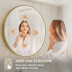 28 Inch Round LED Bathroom Mirror, Gold Metal Framed Lighted Mirror for Bathroom, Wall Mouted LED Vanity Mirror with Lights, 3 Colors and Stepless Dimmable, Anti-Fog, Memory