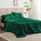 Love's cabin 4Piece California King Satin Bed Linen Set, Dark Green Silky Satin Sheets, Deep Pocket, Luxury Silk Feel, 1 Flat, 1 Fitted Sheet, 2 Pillow Cases
