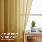 OVZME Gold Sheer Curtains 90 Inches Long 2 Panels - Soft Light Filtering Window Sheer Panels for Living Room/Bedroom, Top Dual Rod Pocket, 1 Pair, Each 42Wx90L Inches