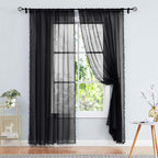 Treatmentex Pom-pom Sheer Black Curtains for Living Room 84 inches Length Modern Window Curtain Panels for Kids Room Drapes 1 Pair Rod Pocket