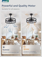 LEDIARY 20 inch Fandelier Caged Ceiling Fan with Light, Bladeless Ceiling Fan with Remote, Farmhouse Fan Lights Ceiling Fixtures for Kitchen, Bedroom, Outdoor(6 Speed, Timing)-Black