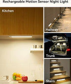 Under Cabinet Lighting 8 Inches Rechargeable Motion Sensor Light Indoor, 3 Color Dimmable Closet Light Battery Operated, USB Stick on LED Magnetic Under Counter Lights for Kitchen Stair, 6 Packs