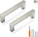 Cabinet Pulls Brushed Nickel Cabinet Handles Square Drawer Pulls, 30 Pack 3-3/4 Inch Stainless Steel Kitchen Door Cupboard Cabinet Handles, Cabinet Hardware Drawer Handles, 96mm Hole Centers