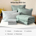 Monbix King Size Comforter Set - 7 Pieces Bed in a Bag King, Sage Green Track Stitching Bedding Sets, All Seasons Down Alternative Bed Set with Sheets, Pillowcases & Shams