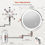 9" Wall Mounted Lighted Makeup Mirror,4000mAh Rechargeable Double Sided 1X/20X Magnifying Mirror with Light,Touch Dimmable,Extended Arm 360 Rotation Wall Mounted Makeup Mirror 3 Color Lights