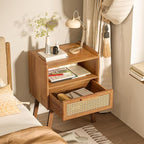 Lerliuo Rattan Nightstand, Side Table with Drawer Open Shelf, Cane Accent Bedside End Table with Solid Wood Legs, Mid Century Modern Night Stand for Bedroom, Dorm and Small Spaces (Tea Brown)