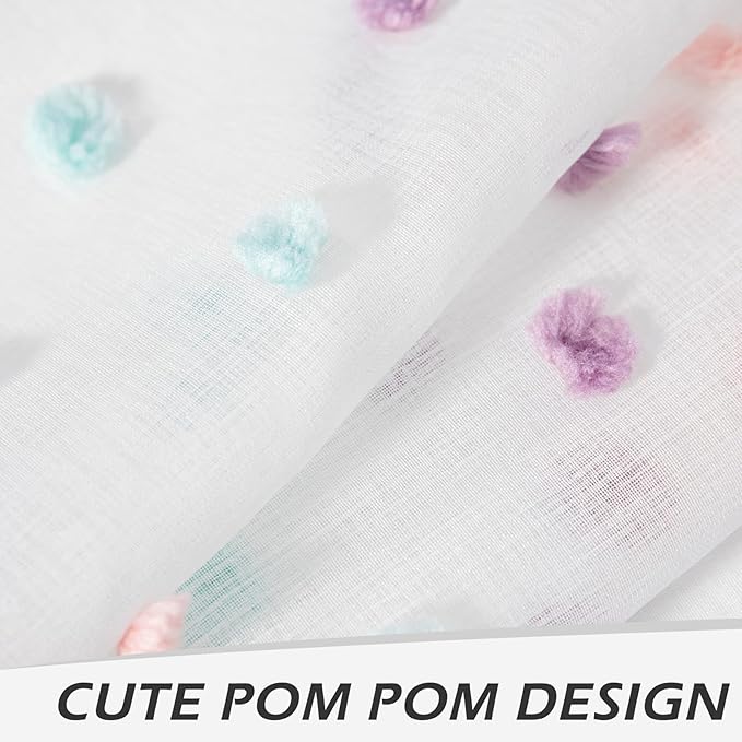 MYSKY HOME Pom Pom Curtains for Girls Bedroom Rainbow Nursery Curains for Boys Kids Room Colorful White Sheer Curtains for Living Room Playroom Rod Pocket Window 52" x 63" Set of 2