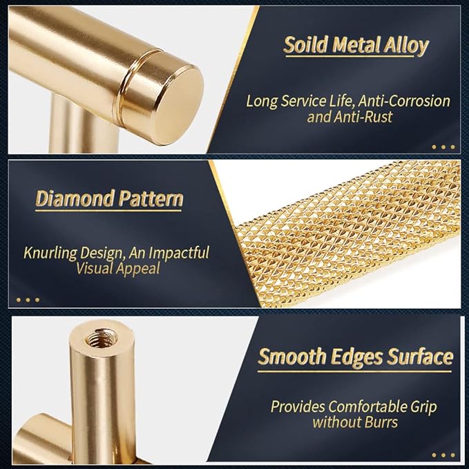 Knurled Cabinet Pulls 2 Pack, 6 Inch Long Cabinet Handles Metal Door Pulls, Kitchen Drawer Pull Knurled Dresser Handles - 5" Hole to Hole, Golden