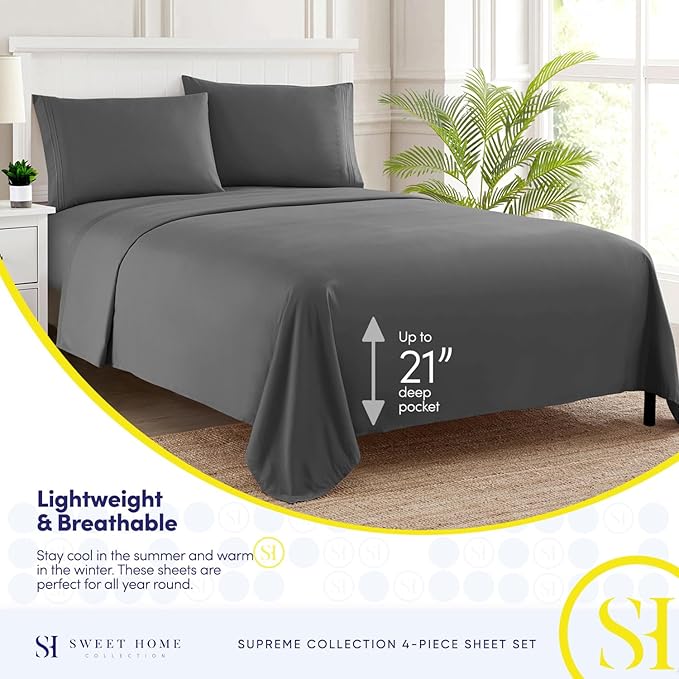 Queen Size Bed Sheets - Breathable Luxury Sheets with Full Elastic & Secure Corner Straps Built In - 1800 Supreme Collection Extra Soft Deep Pocket Bedding, Sheet Set, EXTRA DEEP pocket - Queen, Gray