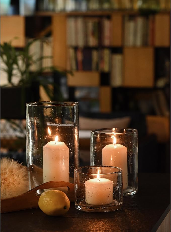ARIAMOTION Hurricane Candle Holders for Pillar Hand Blown Glass Cylinder Vases Table Centerpiece Bulk Room Decor Clear Seeded Bubbles Living Dining Kitchen Island 10" 7" 4" Set of 3