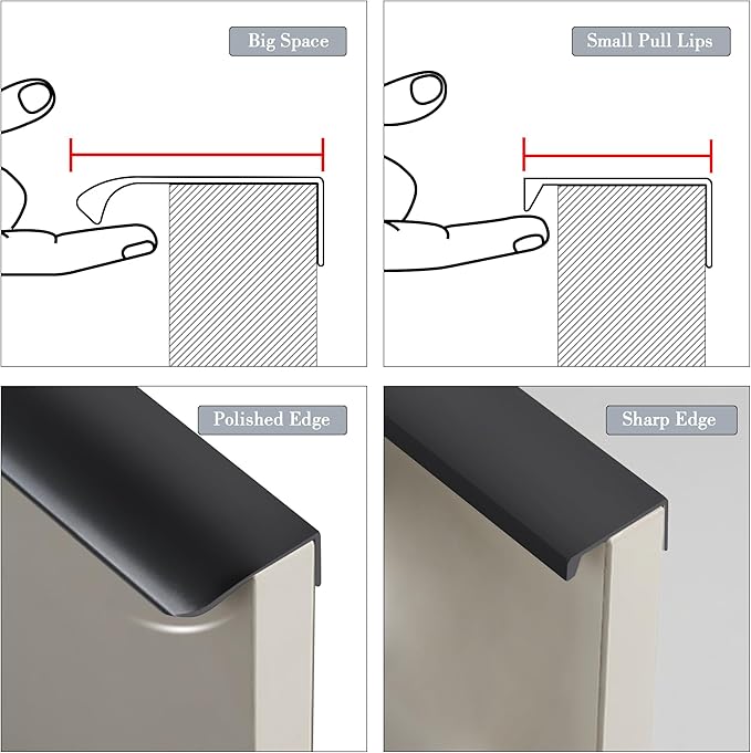 JOOJA 5 Pack Modern Style Finger Edge Pull Furniture Drawer Handles Hidden Cabinet Kitchen Drawer Handles Knobs, Black 80(64) mm