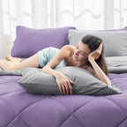 HEVUMYI Cali-King Comforter Set - 7-Piece All Season Bed in a Bag Cali-King, Ultra Soft Bedding Set with Comforter, Flat Sheet, Fitted Sheet, Pillowcases, Pillow Shams, Purple & Light Grey