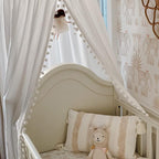 Bed Canopy with Pom Pom Cotton Canopy for Kids Crib Baby Girl Netting Cover Canopy Crib Curtain Reading Nook Hanging Tent Nursery Play Game Castle Room Decoration (White)