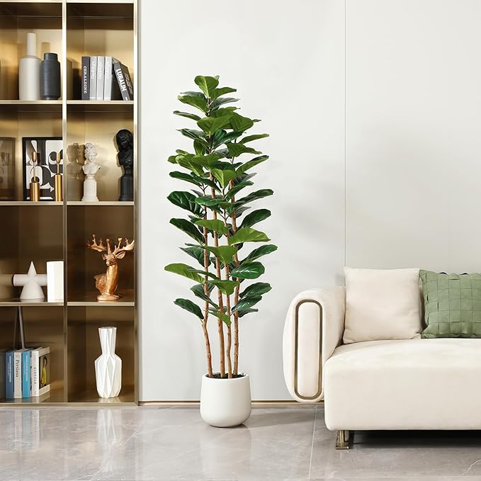Artificial Fiddle Leaf Fig Tree with White Planter, 6ft Tall Fake Tree with Natural Wood Trunk for Home Decor, Faux Ficus Tree Fake Moss for Indoor Office Living Room