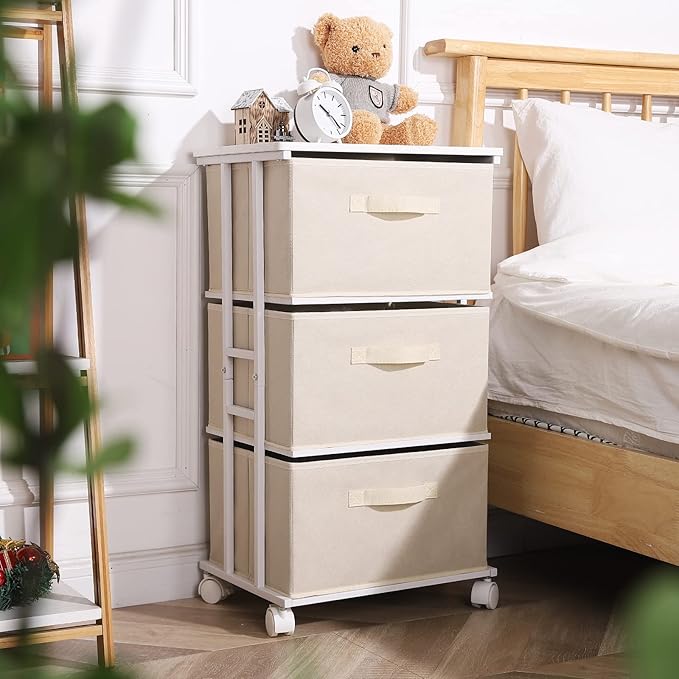 MAX Houser Dresser Tower with 3 Drawers for Bedroom, Fabric Storage Organizer Unit, Chest of Drawers with with WoodTop, Small Vertical Storage for Guest Room, Closet, Entryway, Nursery(Beige)