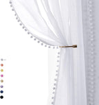 Treatmentex Pompom Sheer White Curtains for Living Room Kid's Room 72" Window Voile Drapes Slub Linen Texture Bedroom Curtains 2 Pack Rod Pocket