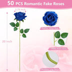 BLEUM CADE 50 Pcs Blue Roses Artificial Flowers, Real Touch Velvet Roses Fake Flowers Bulk, Artificial Roses Bouquet with Long Stems Bridal DIY Wedding Party Centerpiece Decorations