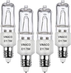 VINACO E11 Bulb, JDE11 120V 75W Halogen Light Bulbs, T4 Mini Candelabra Base, High Output 1150lm, Warm White 2700K, Dimmable, 4-Pack for Ceiling Fan Light Bulbs