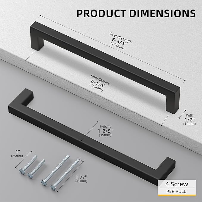 goldenwarm 22 Pack 6-1/4 Inch Black Cabinet Handles Matte Black Drawer Pulls Stainless Steel Cabinets Hardware Square Bar Modern for Kitchen Bathroom Cupboard
