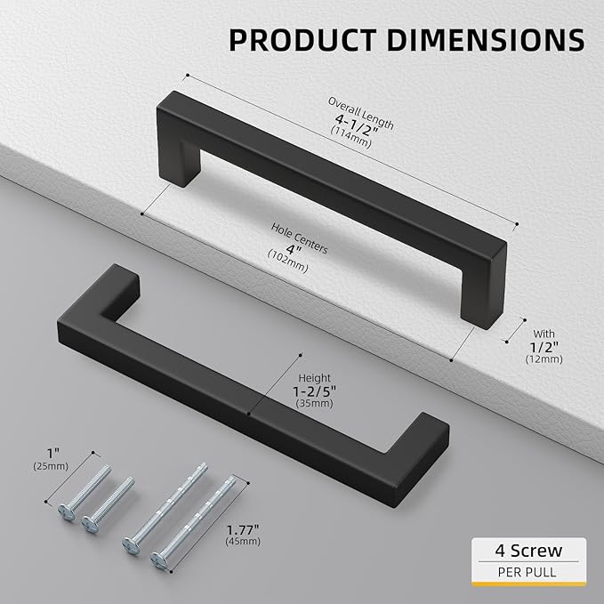 goldenwarm 50 Pack 4 Inch Black Cabinet Handles Matte Black Drawer Pulls Stainless Steel Cabinets Hardware Square Bar Modern for Kitchen Bathroom Cupboard