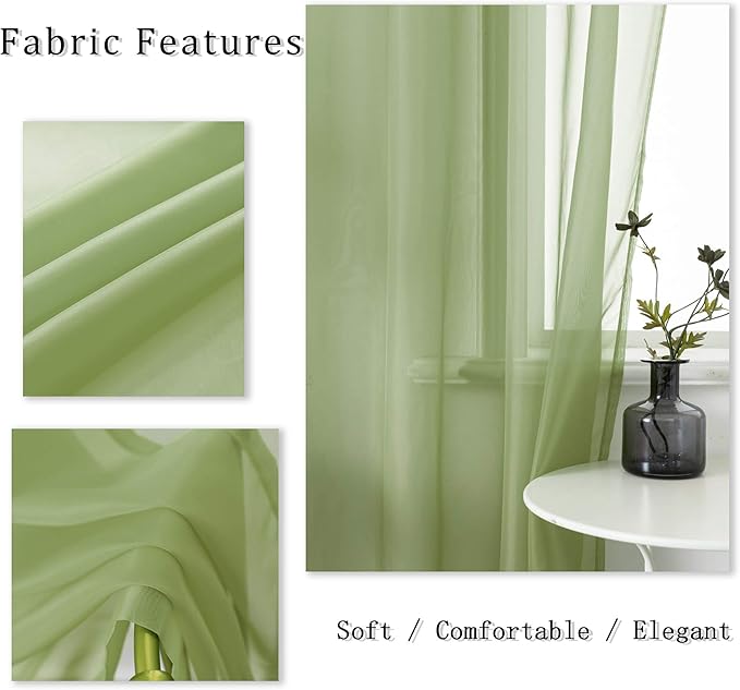 DUALIFE Sage Green Sheer Curtains 63 Inch Length for Kitchen 2 Panels Set with Grommet Window Treatments for Living Room Bathroom Dining Room St Patric Day Decor 52X63 Inches Long(Light Green)