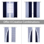 BONZER Mix and Match Curtains - 2 Pieces Branch Print Sheer Curtains and 2 Pieces Blackout Curtains for Bedroom Living Room Grommet Window Drapes, 54x84 Inch/Panel, Indigo, Set of 4 Panels
