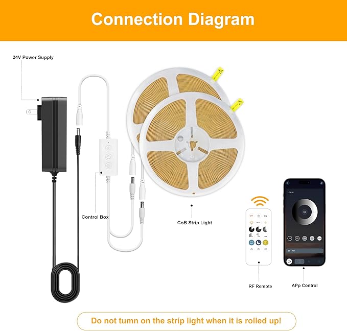 COB LED Strip Lights Warm White,24V Dimmable led Light Strip KIT with Remote and app Control,2700K 50FT/15m 8mm Wide Ra>90 Cuttable Flexible Strip Lights for Bedroom,Shelf,Cabinet