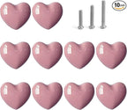 Ceramic Drawer Knobs Heart Shape Cabinet Dresser Pulls Handles with 3 Sized Screws, Kitchen Furniture Knobs for Closet Cupboard Wardrobe (10 Pack, Pink)