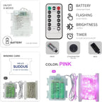suddus Pink Christmas Fairy Lights Battery Operated Outdoor Waterproof, 66ft 200 Led String Lights with Remote, Twinkle Lights for Bedroom, Dorm, Tapestry, Party Decorations